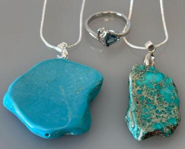 79.85ct Turquoise Freeform Slice 24&rdquo; Necklace, Blue Sea Sediment Jasper Freeform Slice .925 Necklace, An (Size 8) Faceted Aquamarine Trillion Cut .925 Ring