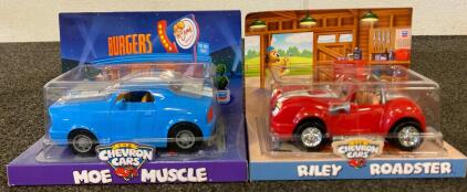 Collectible Toy Cars From The Chevron Cars Collection, Moe Muscle And Riley Roadster