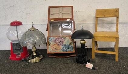 Sewing Basket, 15" Gumball Machine Counter Top , Child or Plant Chair, (2) 13" Night Stand Touch Lamps