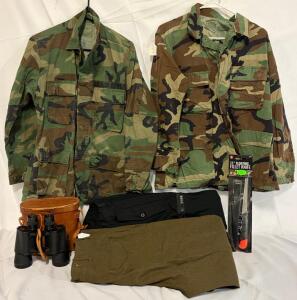 Military Clothing & Accessories &mdash; Medium Tops, Pants Fillet Knife & Binoculars