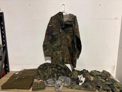 Mixed Military Surplus Lot: Bundeswehr Flecktarn Parka, US ALICE Vest, Wool Trousers, Pouches