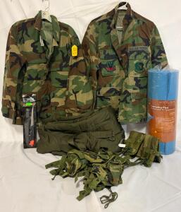 Military Clothing & Accessories &mdash; Medium Tops, Overalls, Vest, Fillet Knife & Sleeping Pad