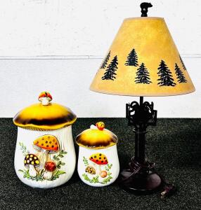 Vintage 1978 Sears Mushroom Ceramic Canister Set Japan & Rustic Wildlife Table Lamp Bear Moose
