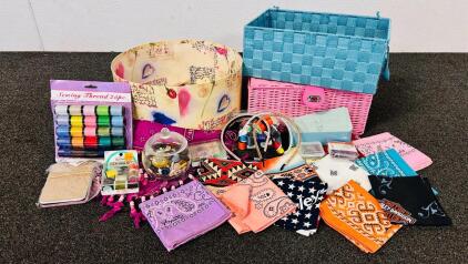 Large Mixed Sewing & Craft Supply Lot &ndash; Bandanas, Buttons, Thread, Headbands, Storage Bins Included