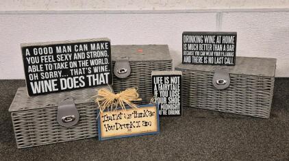 3 Pcs Grey Basket, 3 Pcs Wooden Quote Wall Decor, Kitchen Drunk Quote Wall Decor