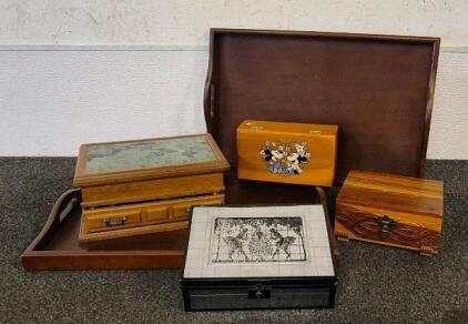 (2) Serving or Table Tray, (4) Variety of Jewelery Boxes (Mickey & Minnie, Ballerina Picture Image, Marble Top with Drawer, Designed Wooden )