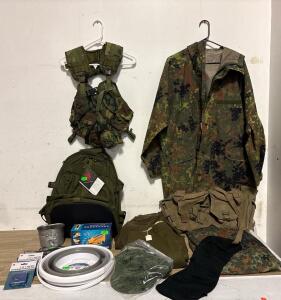 German Flecktarn Field Gear Bundle: Parka, Pants, US Woodland Vest, Tasmanian Tiger Backpack, Survival Kit
