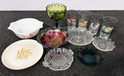 Golden Wheat 22K Gold Plate, Pyrex Floral Casserole, Vintage Carnival Glass, Peanuts Glasses Lot