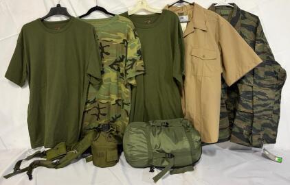 Military Clothing & Accessories &mdash; 2XL Tops, Canteen Belt & Sleeping Bag