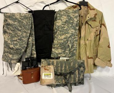 Military Clothing & Accessories &mdash; Small Coat & Pants, Binoculars, Hydration Pouch & Poncho