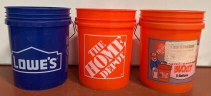 Home Depot & Lowe&rsquo;s 5-Gallon Utility Buckets, HDPE Plastic, Metal Handle, Orange/Blue, Lot of 3
