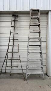 Antique Wooden Tripod Orchard Ladder, 8-Step, 12 ft Tall, Vintage Farm Fruit Pick Tool & 12 ft Aluminum Ladder