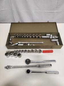 Vintage USA 1/2" & 3/8" Drive Socket Wrench Set, 20 Sockets, Ratchets, Metal Case