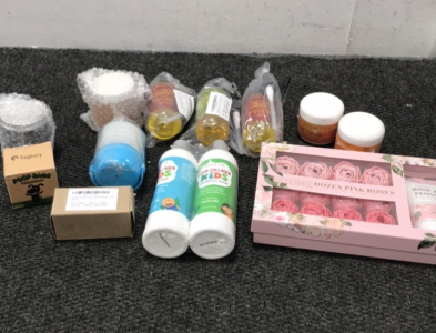 (4) Majestic Pure Massage Oils (1) Jar Pure Dead Sea Mud Mask (1) 2- Pack Kids Vegan Shampoo Conditioner (1) Ellen Tracy Dozen Pink Soap Petal Roses And wash (2) jars Majestic Pure Hot Cream