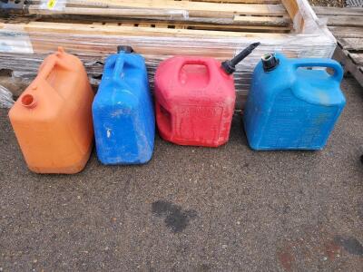 Lot of 4 Plastic Fuel Cans &ndash; 2 Gasoline (5 Gallon Red & Orange) and 2 Kerosene (5 Gallon Blue, Chilton)