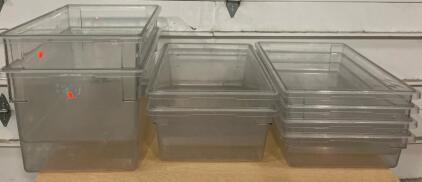 8 Clear Polycarbonate Commercial Food Storage Bins, (4) 26&rdquo;x18&rdquo;x6&rdquo;, (2) 26&rdquo;x18&rdquo;x8&rdquo;, (2) 26&rdquo;x18&rdquo;x12&rdquo; Stackable, No Lids (8) Total