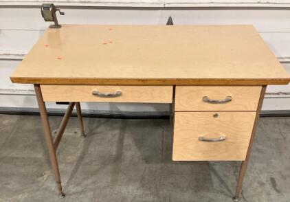 Vintage 3-Drawer Metal & Wood Desk, Attached Pencil Sharpener, 48"x29"x 30&rdquo;, 1960s-1970s