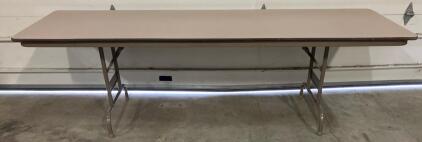 8 ft Rectangular Folding Banquet Table, Laminate Top, Steel Frame, Beige, Gravity Lock Legs