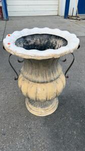 Large Classical Cast Concrete Pedestal Garden Urn, 36" Tall, Scroll Handles, Aged Patina