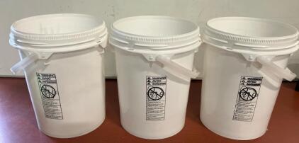 White 5-Gallon Plastic Utility Buckets, HDPE, Stackable, Warning Labels, Plastic Handle, Set of 3