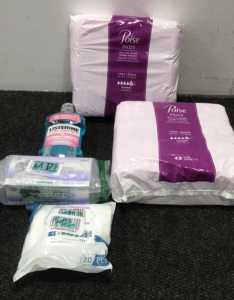 (2) Poise 42- Count Pads (1) 50-Count Disposable Face Masks (1) 20-Count Disposable Face Masks (1) Bottle listerene