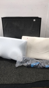 (1) Foldable Double Bin Laudry Basket (2) Healthy spirit Memory Foam Pillows (1) Pair Honeywell Rig Dog Waterproof Gloves