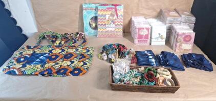(25+) Pieces Of Assorted Handmade Cosmetic Jewelry, (3) Totebags, (4) Scarfs & (300+) Handmade Mother's Day Cards