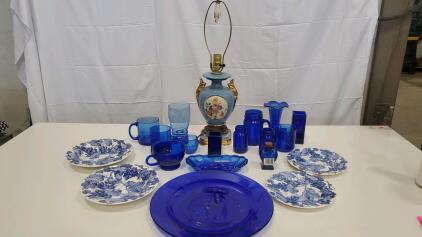 Vintage Cobalt Blue Glassware & Churchill-Style Grapevine Plates Set, Lamp, Vases, Cups, Bottles