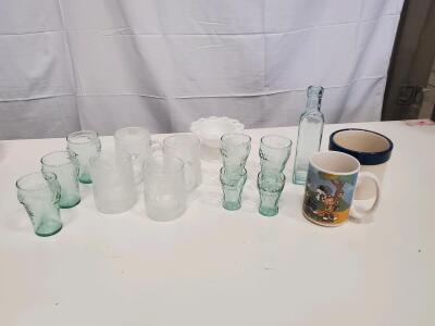 Vintage Drinkware Lot: 13-Piece Set - Coca-Cola Glasses, Cartoon Mug, Crock, Candy Dish, Bottle