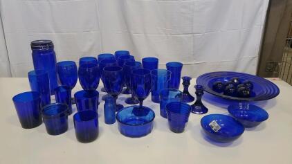 Large 32-Piece Cobalt Blue Glassware Set &ndash; Tumblers, Wine Glasses, Bowls, Candle Holders, Marbles