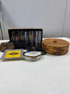 Mixed Lot Gobelins Art Purse, Roku with Remote, DVDs, Porcelain Trinket Box, Wooden Bowl