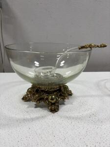 Pelman-Greitzer Punch Bowl Set with Ornate Brass Stand & Glass Ladle, 1947&ndash;1964, USA
