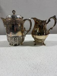 Pairpoint Quadruple Plate Water Pitcher #1835 & Wallace Baroque 267 Creamer Set, Ornate Silverplate