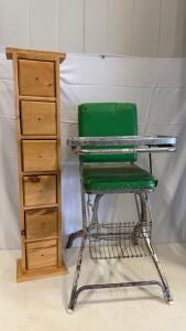 Handmade 5-Drawer Solid Wood Tall Cabinet & Vintage Green Metal High Chair with Tray Set