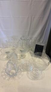 Large Mixed Lot of 10 Clear Glass Bowls, Vases, Compotes, Pressed Basket & Frame