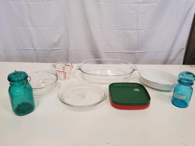 Mixed Kitchenware Lot: Ball Ideal Blue Mason Jar, Pyrex Measuring Cup, Vintage & Modern Dishes&mdash;8 Pcs