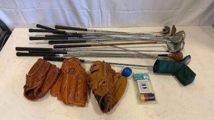 (12) Vintage Golf Clubs (3) Vintage Baseball Gloves
