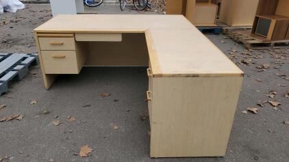 L-Shaped Office Desk, Light Wood, 3 Drawers Approximately 60 x 60 x 30 inches (152.4 x 152.4 x 76.2 cm)