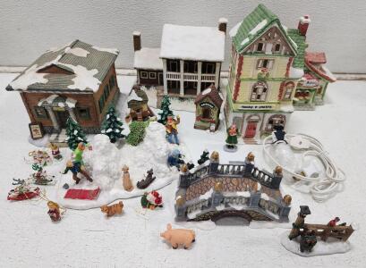 (1) Santa's Best "Chubby's Bakery" Porcelain Christmas Village House (1) Currier & Ives 2002 Porcelain Collectable House (1) Department 56 Snow Village Post Office Collectable And Assorted Village Collectible Decor
