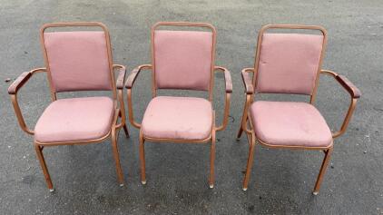 Set of 3 Institutional Stackable Armchairs - Pink Upholstery, Metal Frame, Wood Armrests