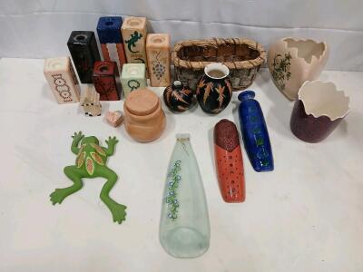 Colorful Mixed Decorative Lot &ndash; 16 Ceramic Vases, Candle Holders, Frog Wall Art & Trinket Boxes