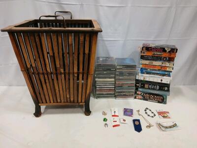 Vintage Bamboo Magazine Rack, 45+ Rock/Pop CDs, 8 DVDs, 3 VHS, Girl Scout Pins & Mario Kart Wii