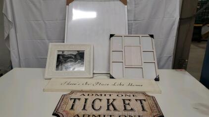 Mixed Wall Decor Lot: 'There&rsquo;s No Place Like Home' & Ticket Signs, Multi-Photo Frames, Ornate Frame