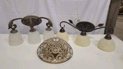 3-Light Vanity Bathroom Wall Fixtures (Pair) & Crystal Flush Mount Ceiling Light, Bronze & Gold