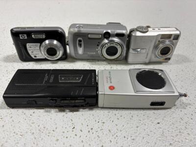 Lot of 3 Point-and-Shoot Digital Cameras (HP M447, Kodak DX6440, LS743) & 2 Vintage Audio Devices