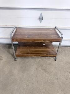2-Tier Chrome and Wood Utility Cart with Dual Handles and Casters, Approx. 33"x16"x29"