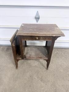 Vintage Wooden Nightstand Table with Magazine Rack, Single Drawer, Dark Brown Finish, 1940s-60s