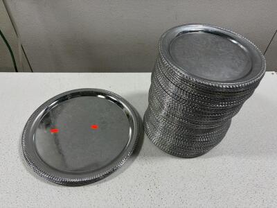 Set of Silver-Plated Round Serving Trays, Ornate Floral Etched, Rope Edge.