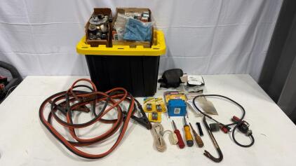 Assorted Tools & Electrical Lot &mdash; Jumper Cables, Oregon Chain, Bussmann Fuses, Hand Tools, Storage Bin