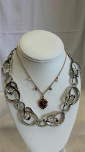 Ornate Gold-Tone Heart Pendant Necklace with Iridescent Center, Faux Pearls & Purple Beads, 17" Chain & Silver-Tone Avon Spiral Necklace